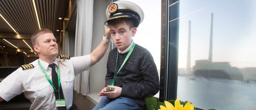An Irish Ferries Sunflower Lanyard scheme participant wearing the captain's hat