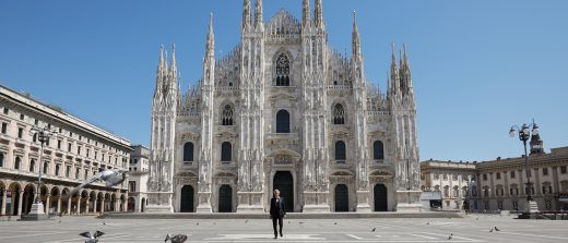 Andrea Bocelli stands before the Duomo of Milan, Easter 2020.